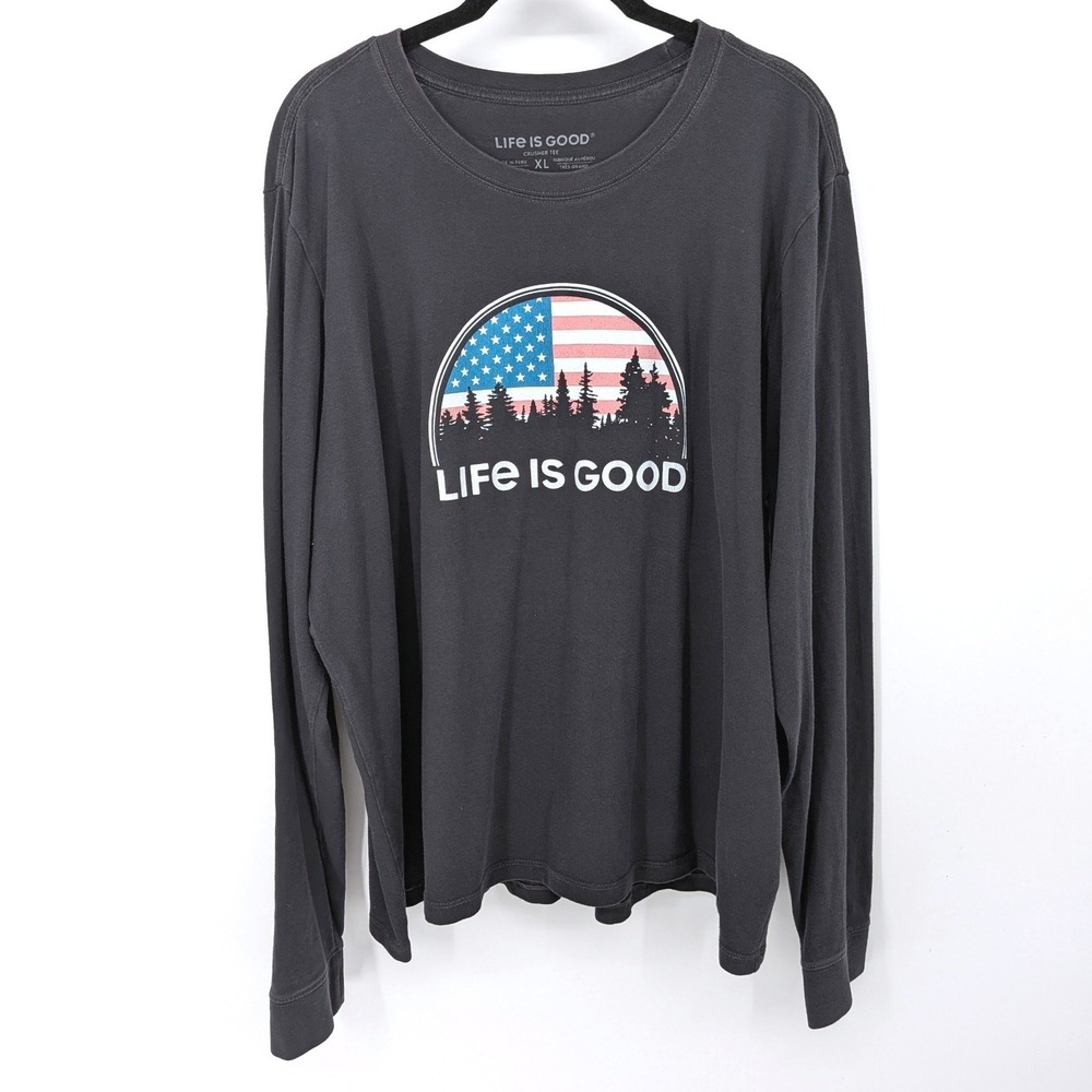 Life Is Good Crusher Tee Women XL Gray American Flag 4th of July Long Sleeve Top